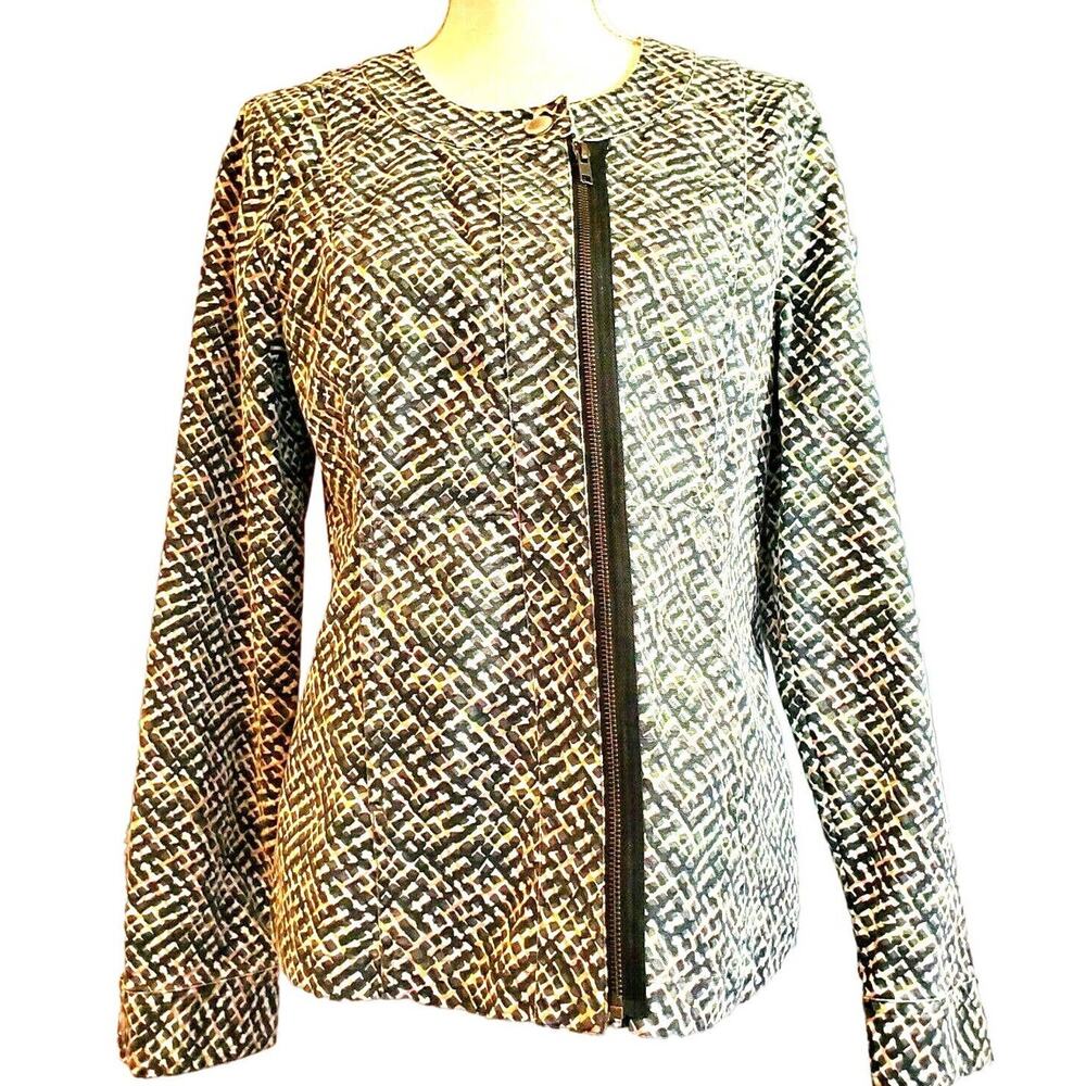 CAbi Classic Style Asymmetrical Zipper Jacket Size M, Pockets Snap Neck Cotton